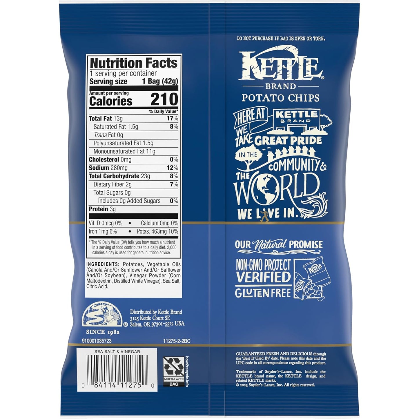 Kettle Brand Potato Chips Sea Salt and Vinegar 1.5 Oz - 2 Cases of 24 (Total 48 Bags)