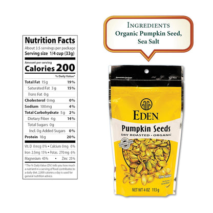 Eden Foods Organic Dry Roasted Pumpkin Seeds Sea Salt, 4 Oz - 2 Cases of 15 Resealable Bags