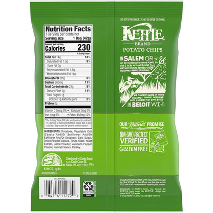 Kettle Brand Potato Chips Jalapeno Hot 1.5 Oz - 2 Cases of 24 (Total 48 Bags)